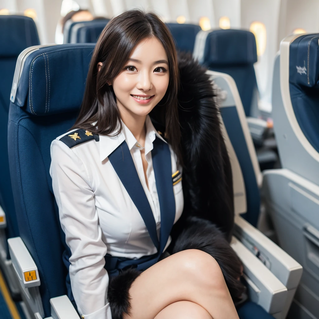 young girl 32 years old, flight attendant, sitting in the airplane seat, dressed in uniform, smiling, posing, 8k, maximum quality, maximum resolution, black fur, sexy, neckline, Free hair, very thin, pied, without jacket