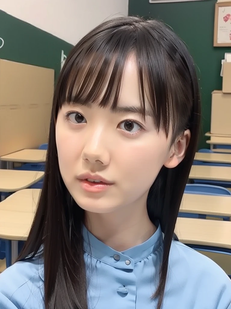 slender girl, (make up:1.1), (ニットセーター:1.2), middle breasts, at school room, (upper body shot:1.1), round face
