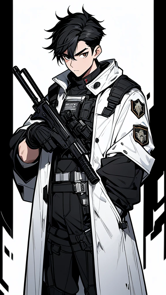 masterpiece, very detailed, 4K, 8K, 32,000, convoluted, (((1st son))), ((black hair)), ((no background)), white background, 20 years old, (((the same character))), dynamic pose, Anatomically correct hand, Modern clothing, Detailed clothes, (slim body), (cold colors dim lighting) black hair eyes black (perfect face) ,character design police man, full body, black hair, Composition looking straight ahead, standing posture, soldier, handsome, cowboy_shot