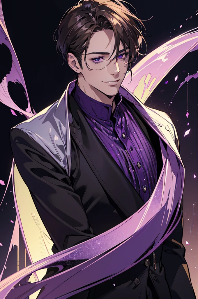{(Best Quality, 8k, Masterpiece, HDR, soft lighting, Perfect picture, digital illustration, Manga art, Hyper detailed image, perfect lines, realist)} 1 very handsome 40 year old man, short dark blonde hair, violet eyes, luxurious clothing (imposing posture, smiling), {(black background with purple sparkles)}