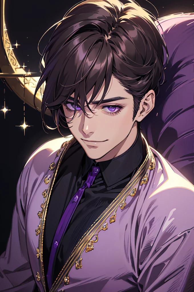 {(Best Quality, 8k, Masterpiece, HDR, soft lighting, Perfect picture, digital illustration, Manga art, Hyper detailed image, perfect lines, realist)} 1 very handsome 40 year old man, short dark blonde hair, violet eyes, luxurious clothing (imposing posture, smiling), {(black background with purple sparkles)}