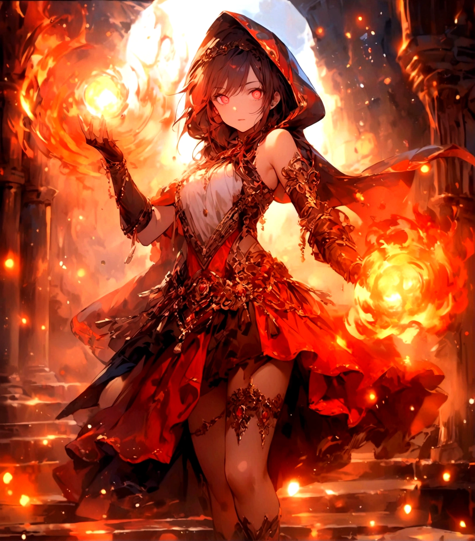 Female (mage, age of 30, long hair, red hair, floating hair, fiery colored eyes, red and gold robes, tanned skin, intense face, glowing eyes) is casting a spell), (flames are swirling around), beautiful volcanic landscape, molten lava flowing, summery hot air shimmering, (embers floating in the air, creating a warm glow), the noonday sun in the sky, male is at a volcanic crater, BREAK, Quality (4k, wallpaper of extremely detailed CG unit, masterpiece, high resolution, top-quality, top-quality real texture skin, hyper-realistic, increase the resolution, RAW photos, best quality, highly detailed, the wallpaper, cinematic lighting, ray trace, golden ratio.), BREAK, Shot(Long shot, wide shot.)