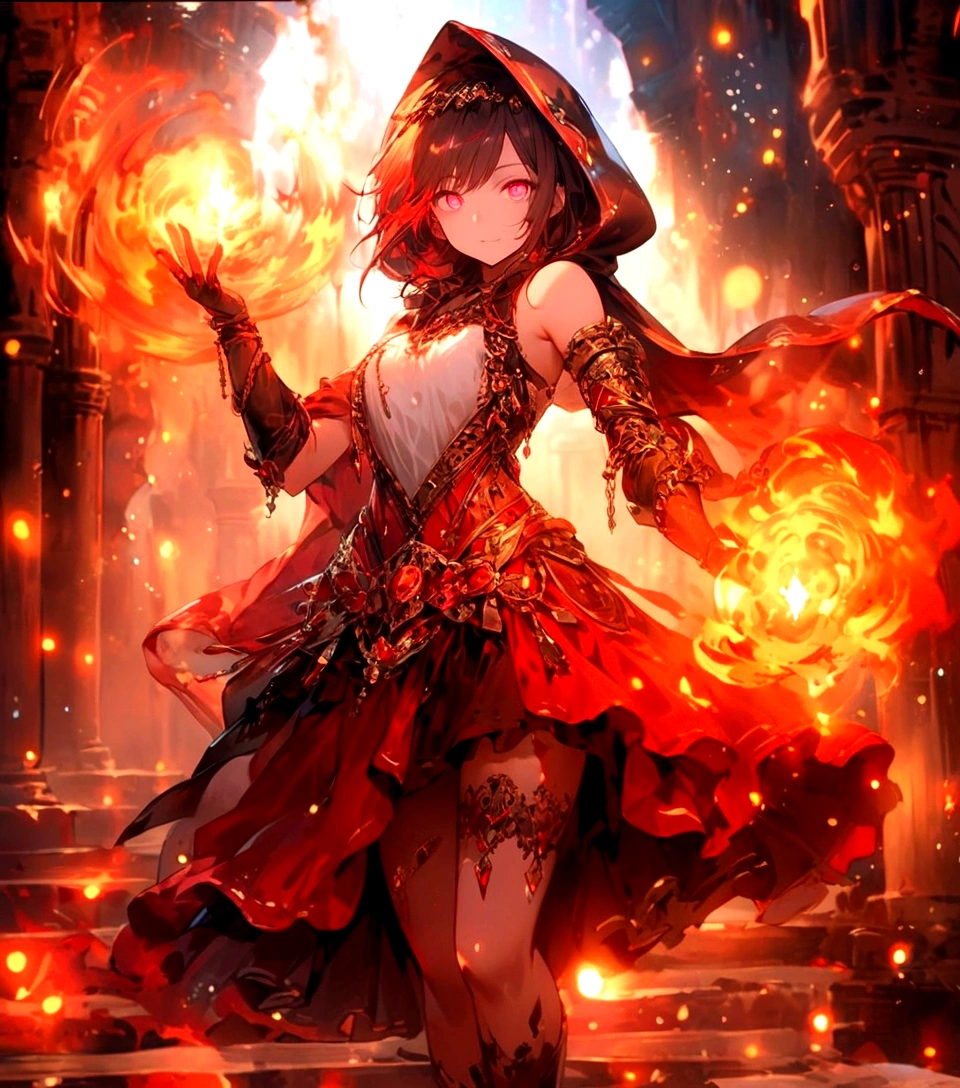 Female (mage, age of 30, long hair, red hair, floating hair, fiery colored eyes, red and gold robes, tanned skin, intense face, glowing eyes) is casting a spell), (flames are swirling around), beautiful volcanic landscape, molten lava flowing, summery hot air shimmering, (embers floating in the air, creating a warm glow), the noonday sun in the sky, male is at a volcanic crater, BREAK, Quality (4k, wallpaper of extremely detailed CG unit, masterpiece, high resolution, top-quality, top-quality real texture skin, hyper-realistic, increase the resolution, RAW photos, best quality, highly detailed, the wallpaper, cinematic lighting, ray trace, golden ratio.), BREAK, Shot(Long shot, wide shot.)