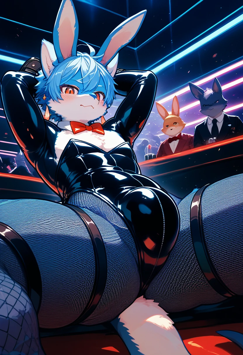 Highest quality, Highest quality, High quality illustrations, masterpiece, Ultra-high resolution, Detailed Background, club, Disco, Absurd, Perfect Anatomy, Performance, Good lighting, Shadows in the movie(kemono, Furry Personification), Dragon, Rubber suit, Rubber Suit, latex, Earrings, Bunny Suit, Fishnet tights, male, Being restrained, null bulge