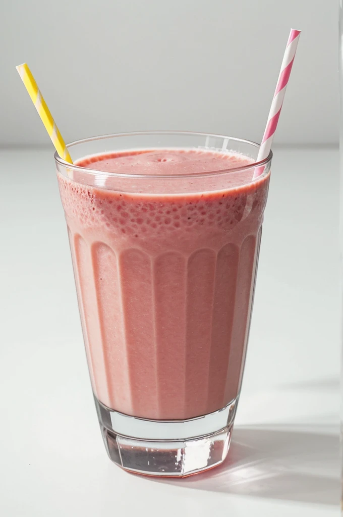 I would like a smoothie with a white background. I would like the smoothie in a clear glass with a dome and a straw.