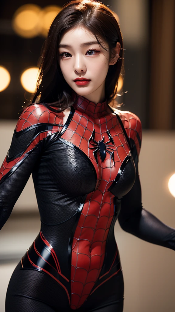 tmasterpiece,1 Korean girl，realisticlying，8K  UHD，high high quality，in the background bokeh, spider-man suit，Spidey，Clothes wrap around the whole body，Tight clothing，Abs contour，Short black hair，s the perfect face，shining face，Ultra-clear face，Elaborate Eyes，idoly