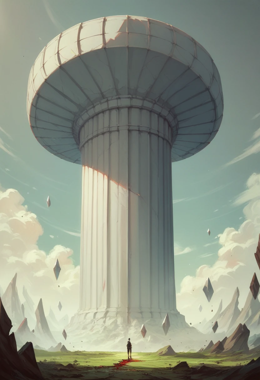 simple,Minimalist illustration,Giant tall and thin blood crystal column,Minimalist surreal landscape,Doomsday atmosphere