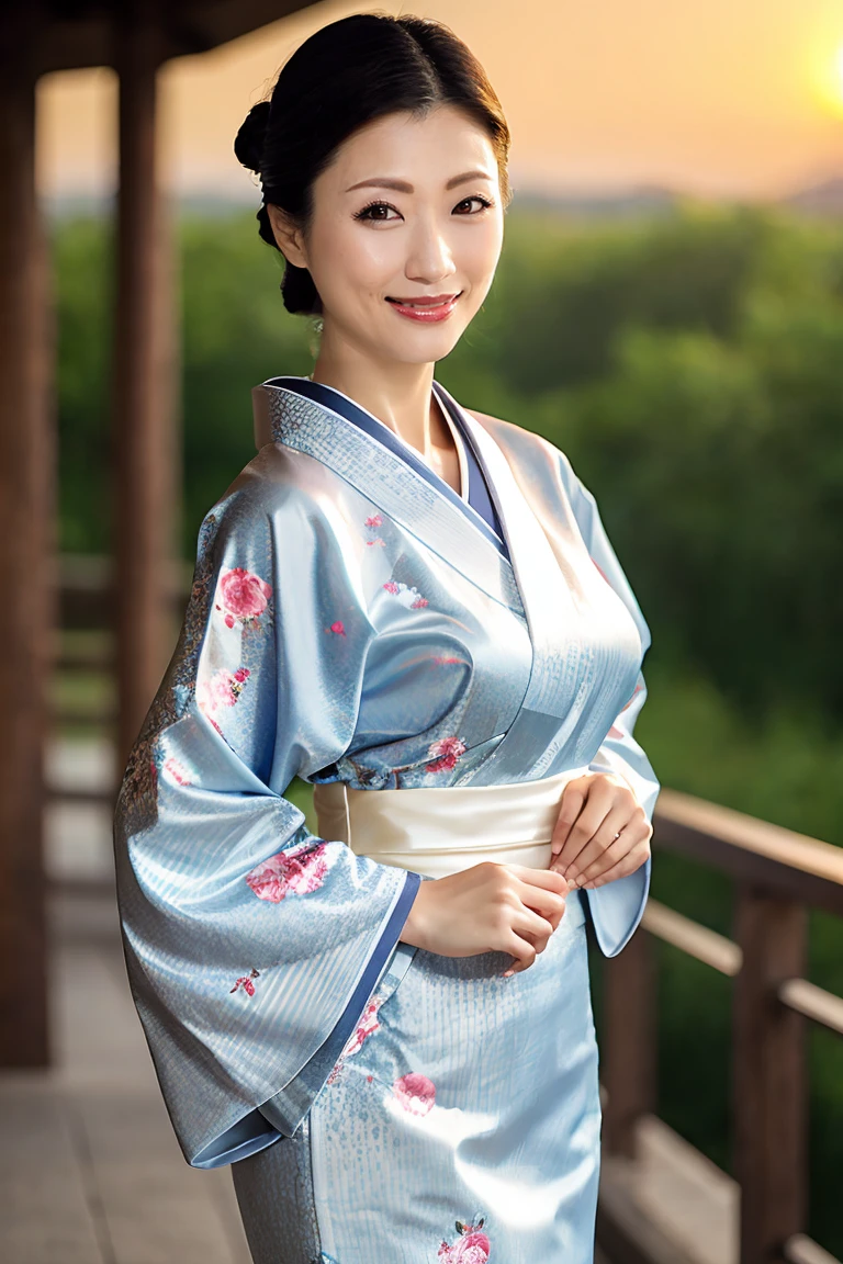 (Highest quality、Tabletop、8K、Best image quality、Award-winning works)、(One beautiful mature woman:1.1)、Adult face、(Innkeeper:1.1)、(A top-quality white kimono with an elegant floral pattern:1.2)、(A kimono with a perfect and precise collar:1.2)、Perfect mature woman portrait photo、Glowing Skin、Standing Elegantly、(Strongly blurred sunset park background:1.3)、(Spectacular Cinema Lighting:1.1)、(Tyndall effect:1.1)、(The most moody and romantic:1.1)、(Vivid beautiful sunset:1.2)、(Strongly blurred background:1.2)、Glowing Skin、Very beautiful skin、(Accentuate your body lines:1.1)、(The most graceful posture:1.2)、(Large Breasts:1.2)、A perfect smile、Perfect beautiful glossy lips、(Accurate anatomy:1.2)、(A perfect and elegant outfit:1.1)、(Standing with good posture:1.1)、(Beautiful, elegant and top-quality patterned kimono:1.2)、、(Perfect and natural beautiful sleeves:1.2)、(A perfect and natural beautiful collar:1.2)、(Perfect and natural beautiful sleeves:1.2)、(An elegant and high-quality patterned kimono obi:1.4)、(A perfect and natural beautiful kimono obi:1.1)、(Chignon:1.2)、(Close-up of face:1.4)、(A smile looking at me:1.2)