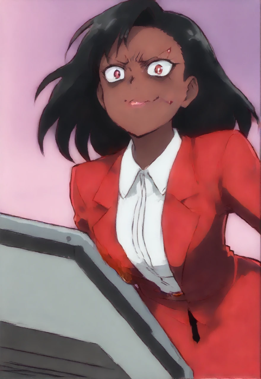 Make a evil military black anime woman in a red skirt suit