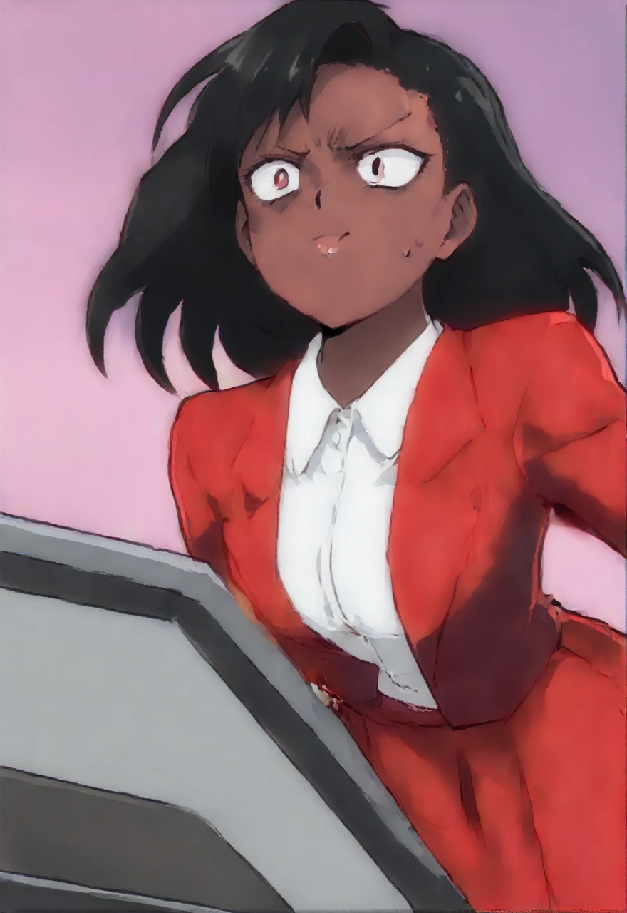 Make a evil military black anime woman in a red skirt suit