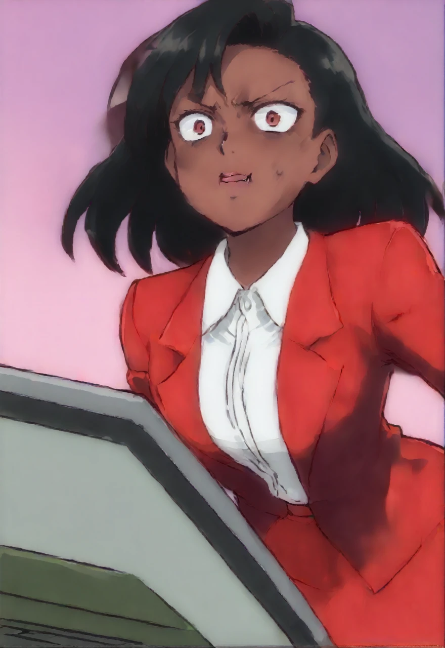Make a evil military black anime woman in a red skirt suit