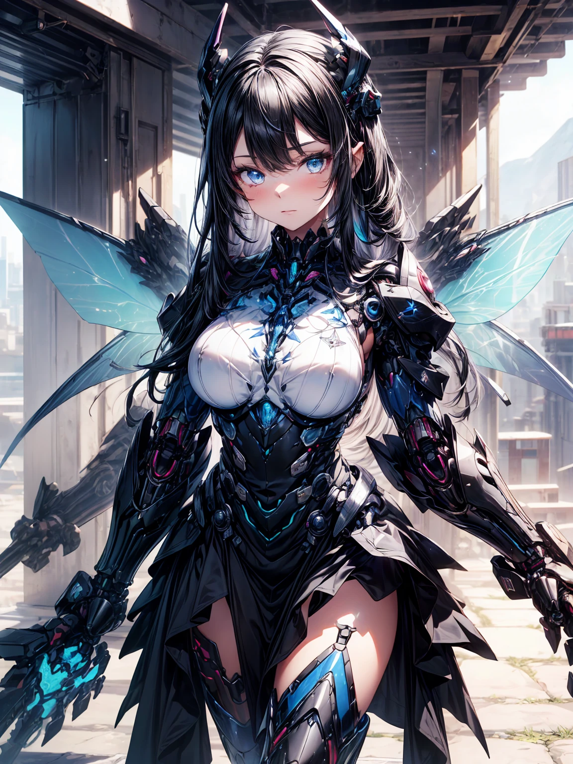 (Subtle manga style:1.1), Cool Beauty, (One Woman:1.0), (20-year-old:1.0), (Small breasts 1.2), Outdoor, Day, sunny, Outdoor、Over European cities,
(Wide Shot:1.0), (Written boundary depth:1.1), (From the side: 0.7), (From above:1.0),
Blake
(Anime Face:1.0), (Clear blue eyes:1.0), (Cybernetic Genoid:1.1), (Very detailed mech suit:1.3), (Black Gothic Breastplate:1.2), (Long black hair:1.0),
(Black Luxury Wizard Dress Skirt:1.3), (Decorative embroidery:1.0),
(iridescent holographic fairy wings:1.1),
、Detailed face、Fine grain