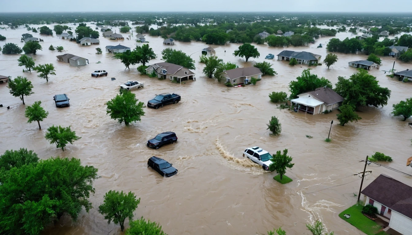 whoa, dramatic image depicts a chaos scenario. Hurricane with strong winds causes flooding and destruction in Texas. People trapped in floating cars, Submerged houses and debris in the violent flood.