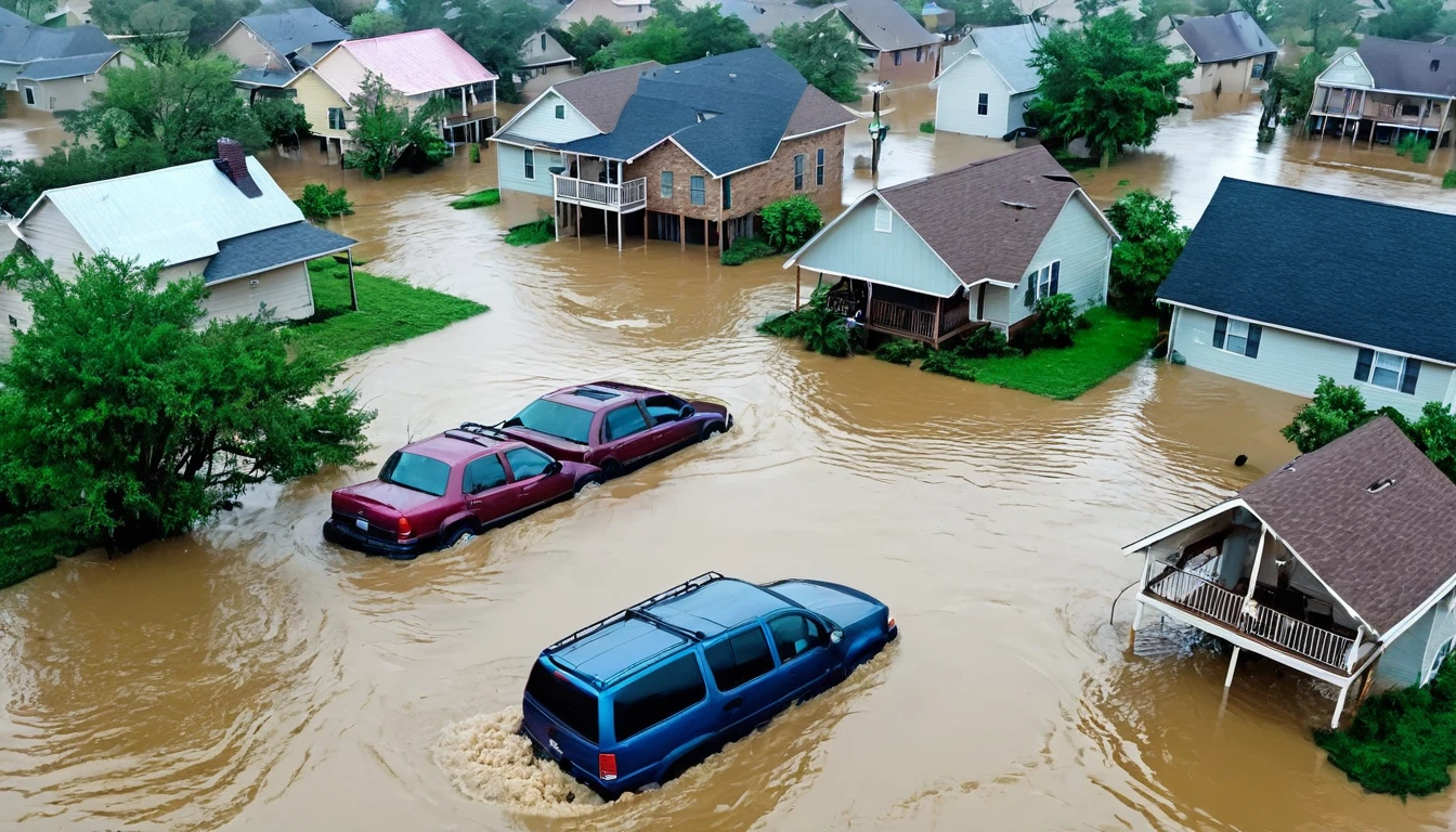 whoa, dramatic image depicts a chaos scenario. Hurricane with strong winds causes flooding and destruction in Texas. People trapped in floating cars, Submerged houses and debris in the violent flood.