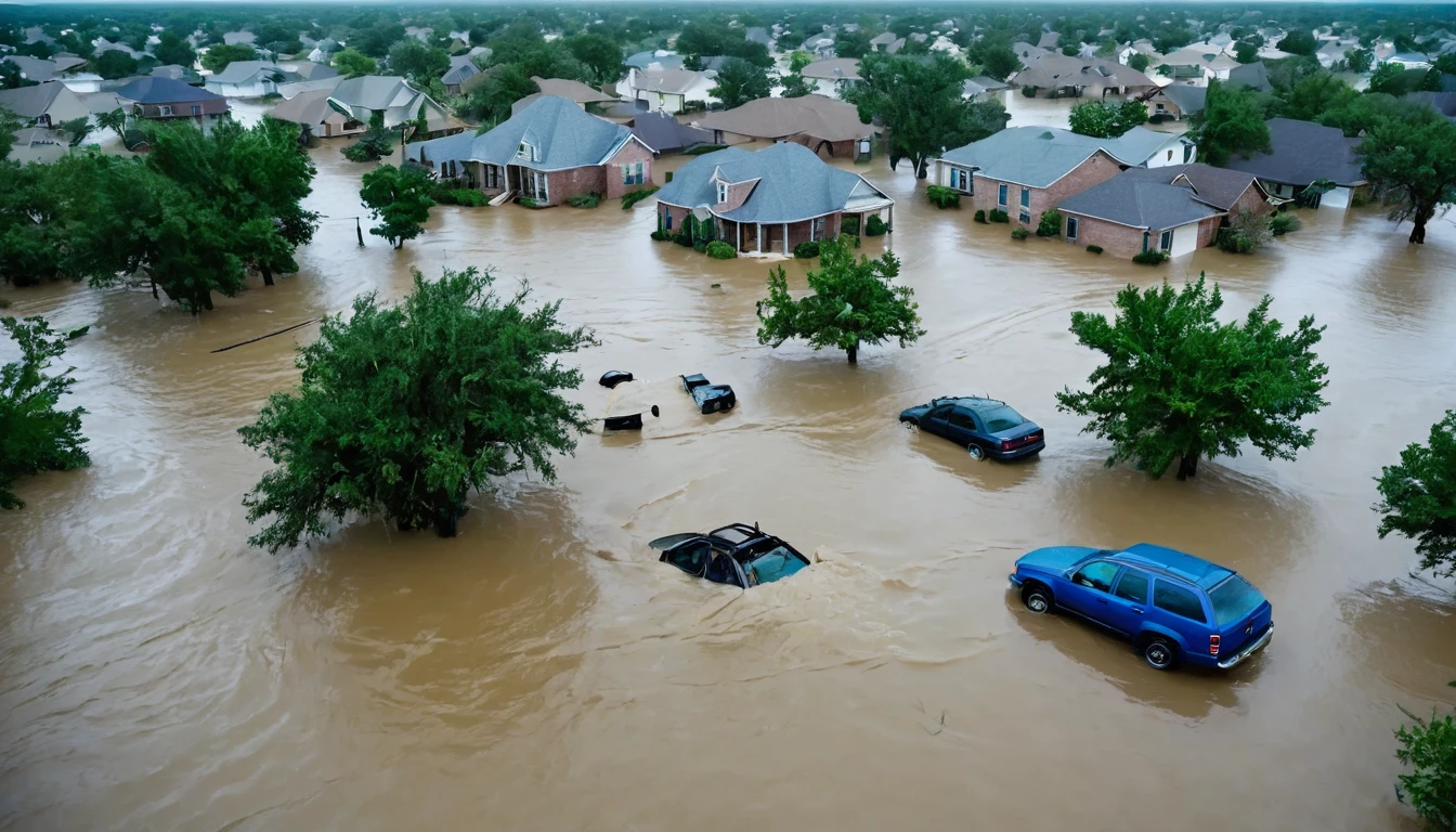 whoa, dramatic image depicts a chaos scenario. Hurricane with strong winds causes flooding and destruction in Texas. People trapped in floating cars, Submerged houses and debris in the violent flood.