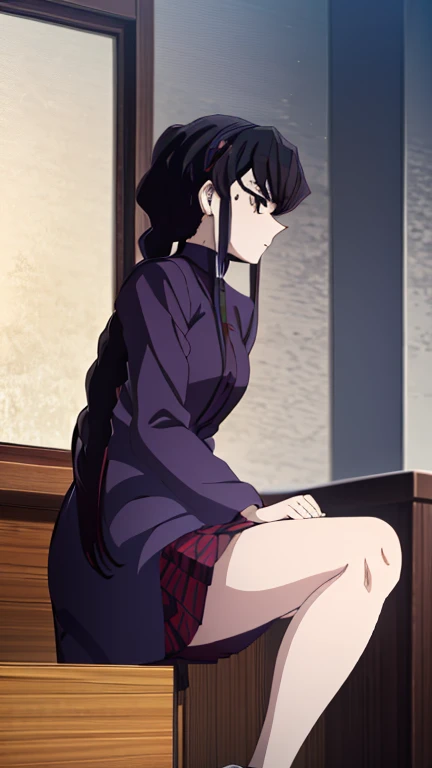 demon slayer anime style,  Kotouji Agamaki, 1 girl 22 years old, serious and calm with gold eyes and pronounced eyebrows, Long straight braided hair surrounding your hair, dark purple hair with the most striking violet tips and two side sideburns of hair and long bangs, She wears a long-sleeved hunter uniform with a dark magenta skirt and everything., a katana, a black japanese coat with gold floral).   Kimetsu no yaiba anime. sitting on his legs, in a fic, next to a window from head to toe with landscape background of a cherry tree and a sunset,