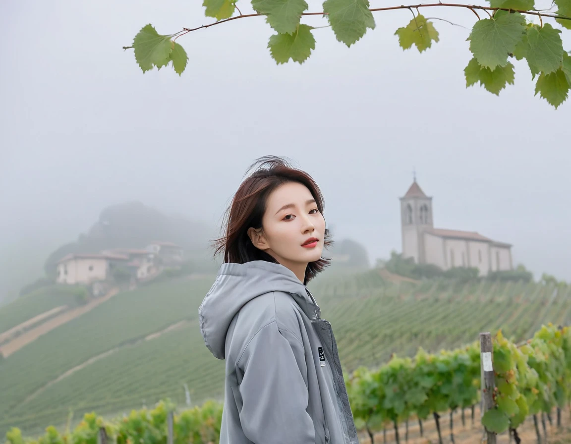 8k best picture quality, Beautiful 36-year-old Korean woman, short and nice weather. Chest size 34 inches, Dense fog at dawn in the Italian countryside, past the vineyard, A cathedral can be seen far away in the fog.., The back background is realistic and vivid quality., Short and medium hair blowing in the wind,Wear a t-shirt, a light windbreaker, and gray jeans.., a faint smile. the background is clear, Short and slim Korean woman, stand far away, Photo taken with a wide-angle lens, Taken from a hill overlooking a misty vineyard, Full body photo taken with Canon Mark 5 camera 16-35 wide angle lens, looking at the camera from afar