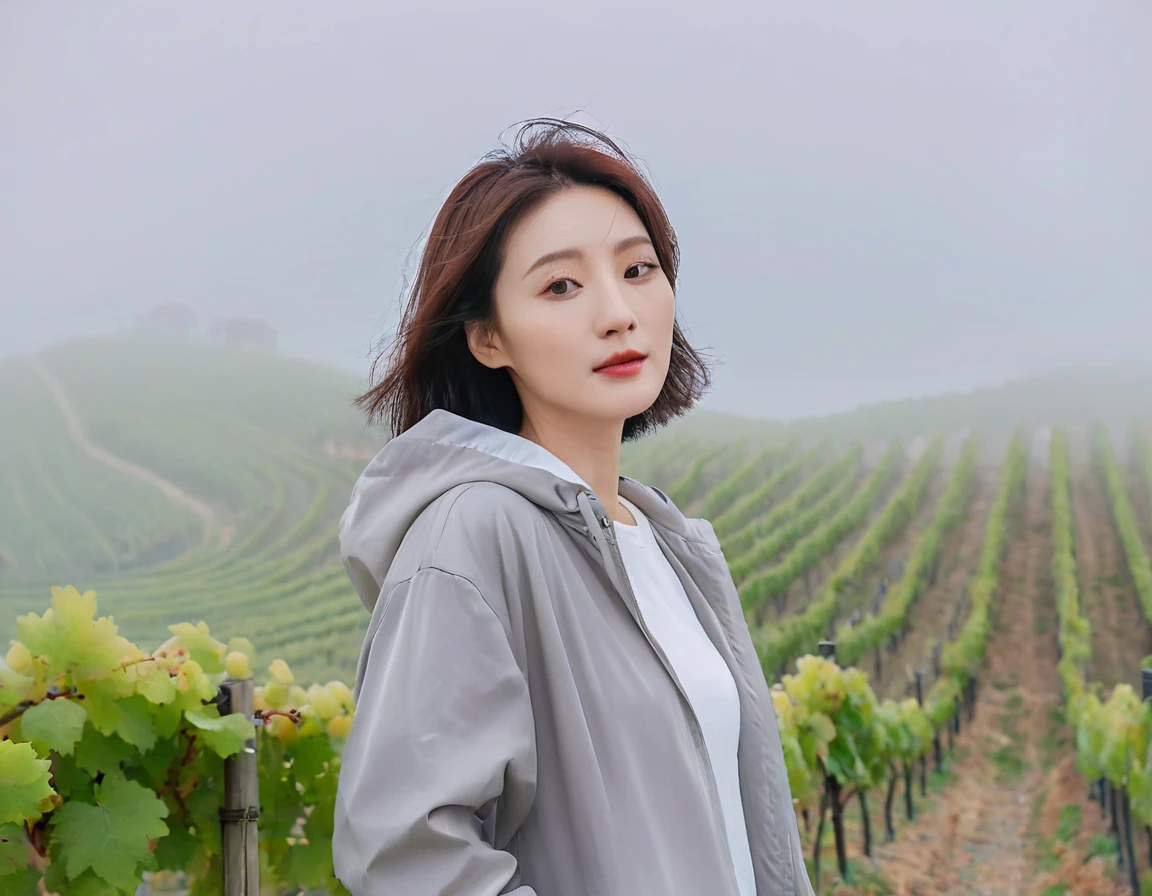 8k best picture quality, Beautiful 36-year-old Korean woman, short and nice weather. Chest size 34 inches, Dense fog at dawn in the Italian countryside, past the vineyard, A cathedral can be seen far away in the fog.., The back background is realistic and vivid quality., Short and medium hair blowing in the wind,Wear a t-shirt, a light windbreaker, and gray jeans.., a faint smile. the background is clear, Short and slim Korean woman, stand far away, Photo taken with a wide-angle lens, Taken from a hill overlooking a misty vineyard, Full body photo taken with Canon Mark 5 camera 16-35 wide angle lens, looking at the camera from afar