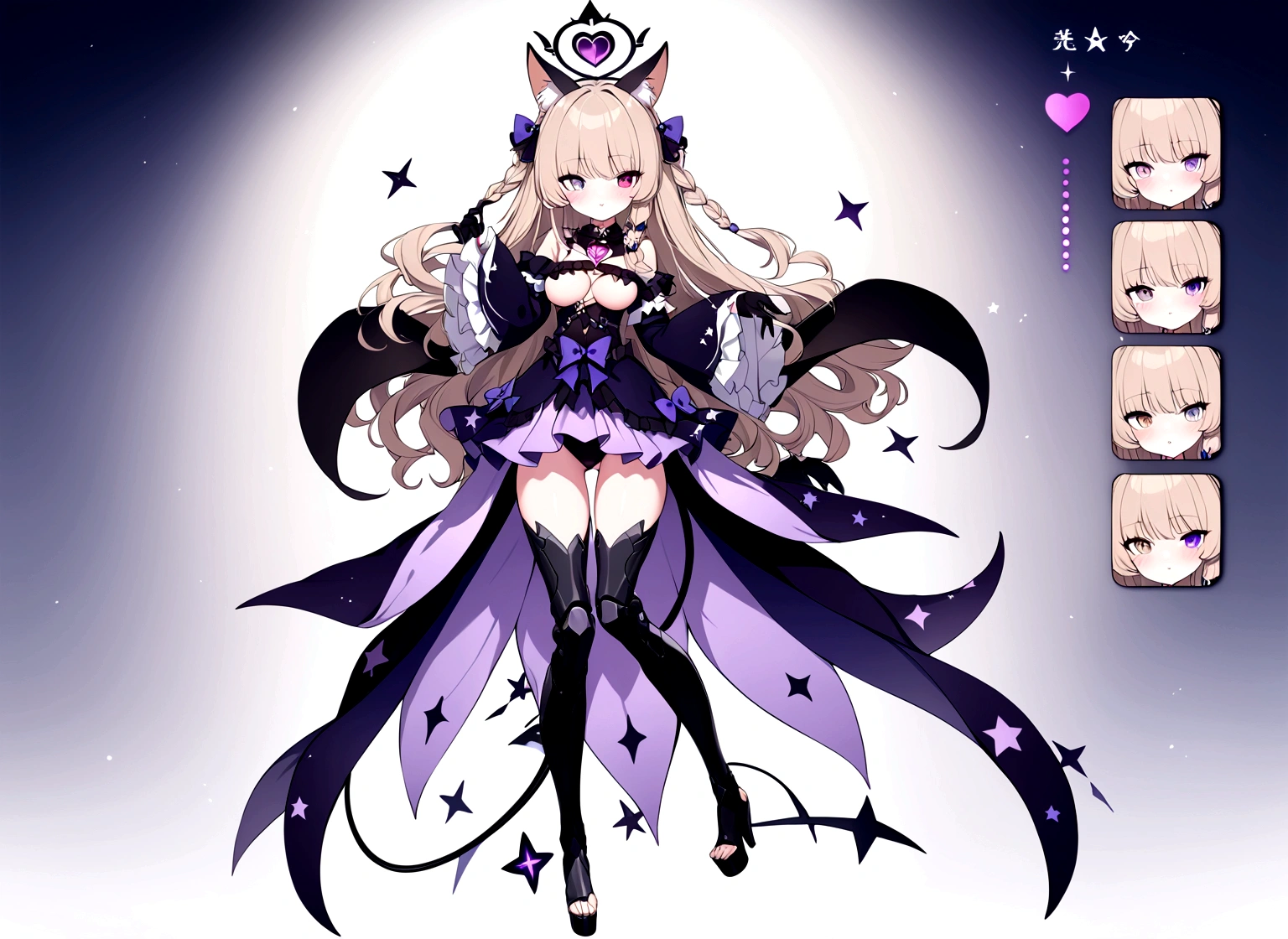 woman 170 cm tall. (character design sheet: front view). Dark blonde long hair, slim build. wavy hair with hip length curls, has a short central tuft, She has a short braid on the left side over her chest with a purple bow, She has a short braid on the right side over her chest with a purple bow. Two black and purple serval ears located on the top of the head... small face. (heterochromia: one gray eye and one purple eye), has small ribbons on the right and left side of the hair. extremely detailed face, Beautiful detailed eyes, beautiful detailed lips. adorable, extremely detailed legs, (Best Quality, 4k, 8k, high resolution), ultra detailed, Exquisite and epic character art... Black platform heels, Elegant one-piece long dress with ruffle skirt and wide sleeves. Ribbon decorations and star patterns on clothing. black gloves. gray belt at the waist with a large ribbon with a luminous pink heart in the middle. black necklace with heart emblem on the neck. It has a succubus tail with a small luminous violet star at the tip of the tail...... (wide hip). Luminous black halo with purple star patterns above his head..... (medium chest size). Mechanical legs up to the thigh in black.