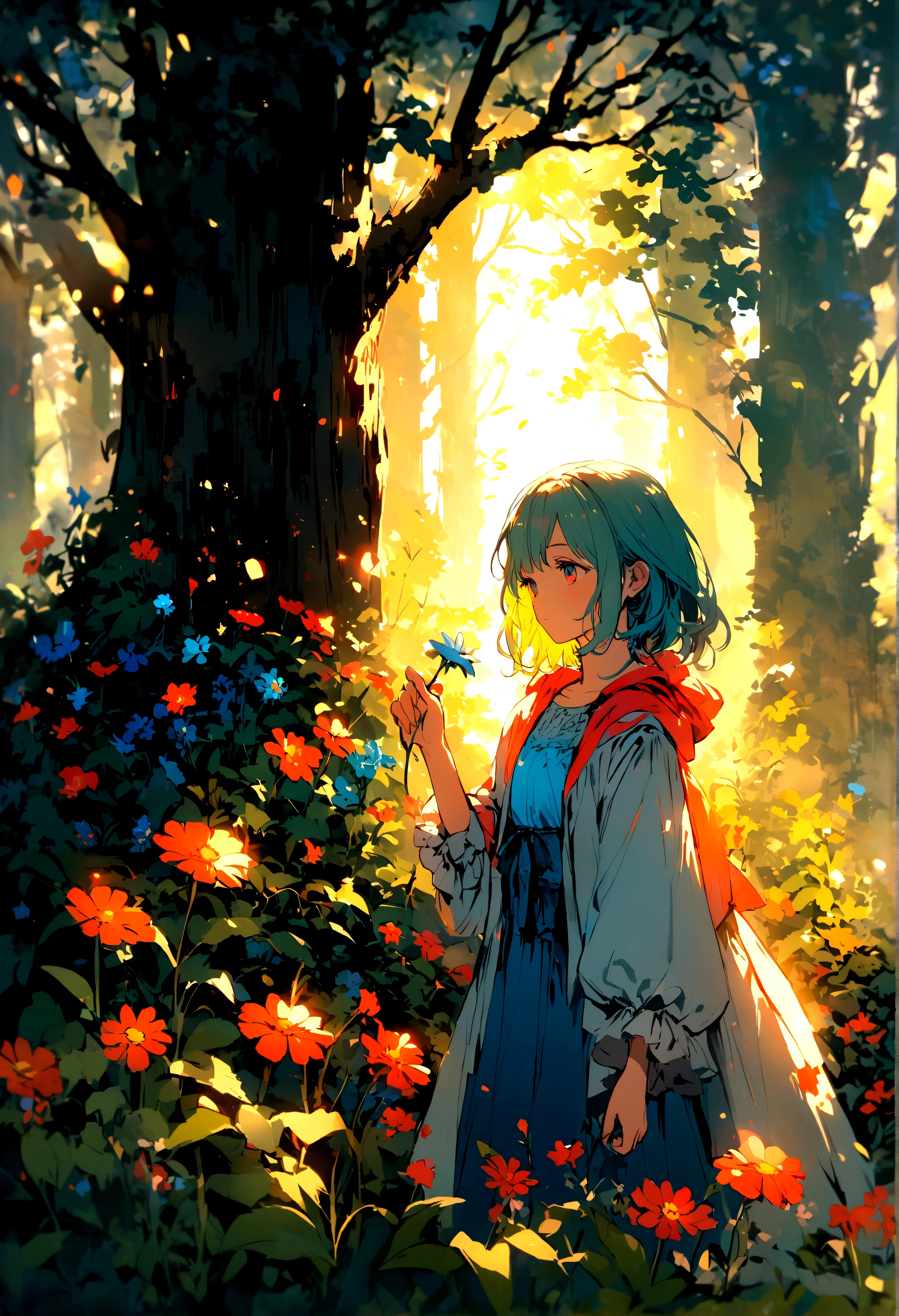 picking flowers, In the woods, ,Vibrant colors,Soft lighting
