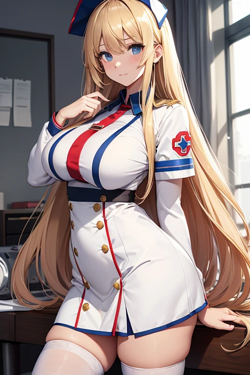 Golden nurse uniform,humongous breats,extremely long hair,knee long socks,miniskirt