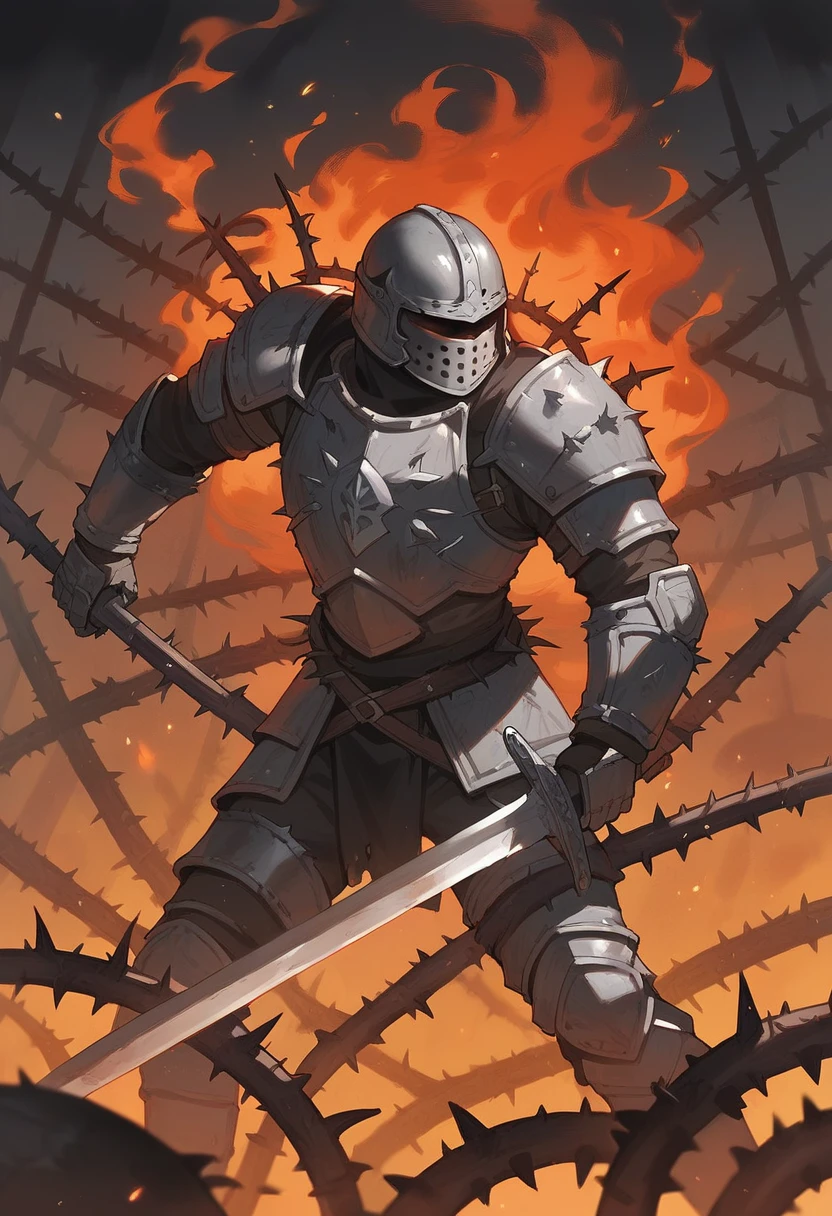 Painting, dark fantasy, thorns, black fire, swords, metal armor, empty helmet, long thorns, very long thorns!In the manner of Dostoyevsky&#39;s paintings, a dark raging shield, the savage armored warrior, the shield opening its mouth and baring its fangs, the black wolf shield.