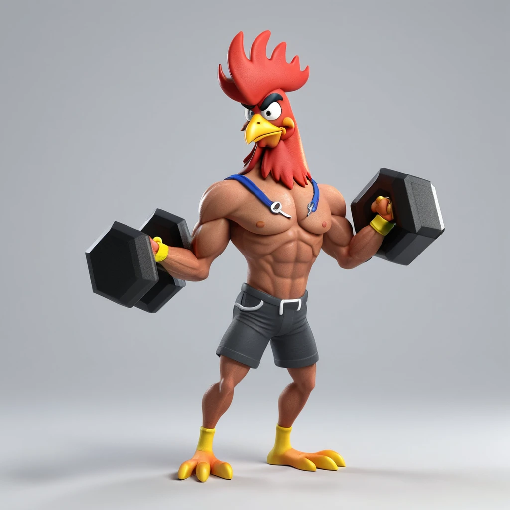 3d, 3D rendering,a shirtless muscular anthropomorphic rooster with hair lifting dumbbells , ,highy detailed, Vibrant