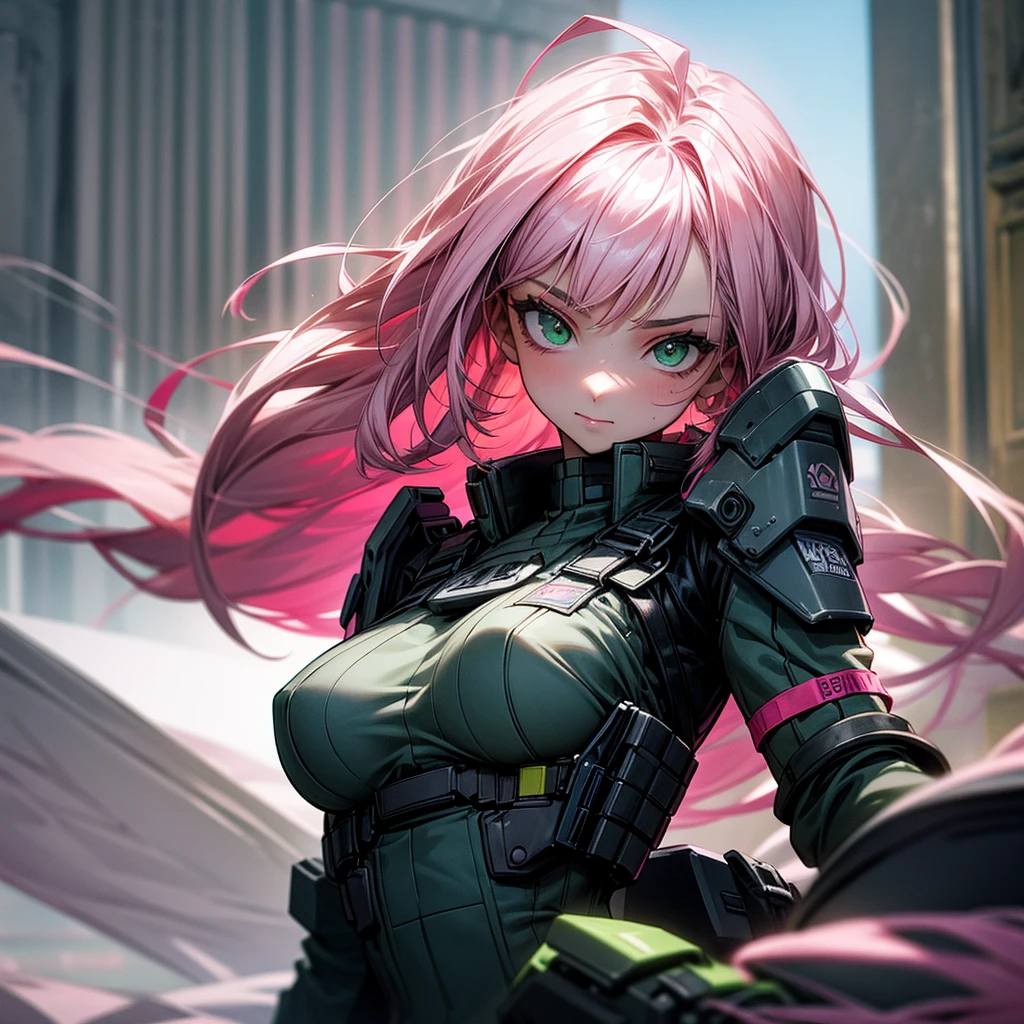 an 18 year old woman,with half black and pink hair,white skin and green eyes,with average bust wearing black clothes and a bulletproof vest, in the background behind an apartment, well drawn arms and body