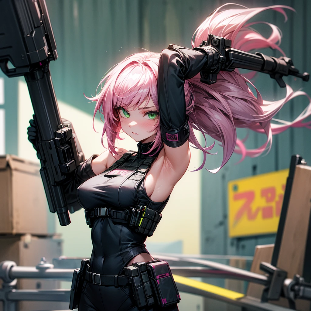 an 18 year old woman,with half black and pink hair,white skin and green eyes,with average bust wearing black clothes and a bulletproof vest, in the background behind an apartment, well drawn arms and body