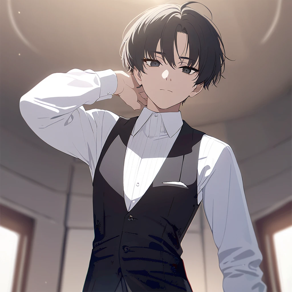 1 boy, black hair, short hair, detailed hair, black eyes, detailed eyes, looking at viewer, standing, black vest, white dress shirt, long sleeves, no smile, simple background, solo, ((( ultra detailed))), (((best quality))), ((masterpiece))