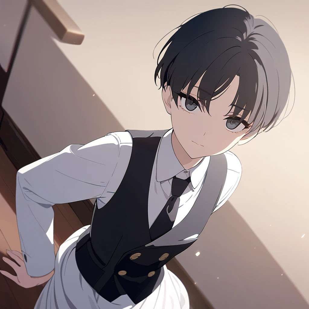 1 boy, black hair, short hair, detailed hair, black eyes, detailed eyes, looking at viewer, standing, black vest, white dress shirt, long sleeves, no smile, simple background, solo, ((( ultra detailed))), (((best quality))), ((masterpiece))
