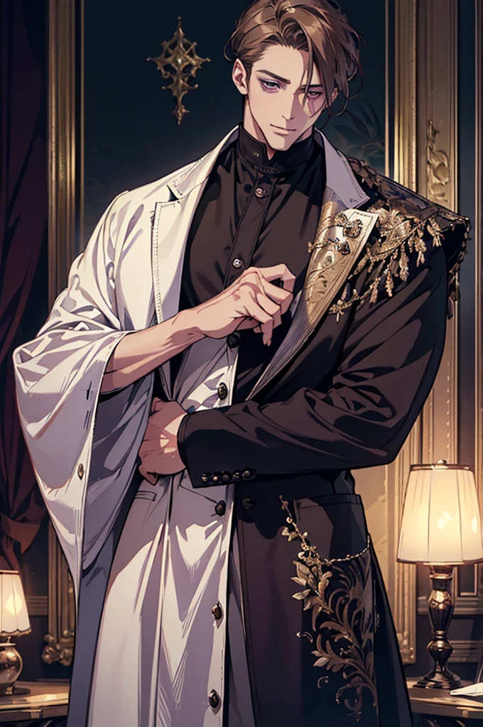 {(Best Quality, 8k, Masterpiece, HDR, soft lighting, Perfect picture, digital illustration, Manga art, Hyper detailed image, perfect lines, realist)} 1 very handsome 40 year old man, short dark blonde hair, violet eyes, luxurious clothing (imposing posture)