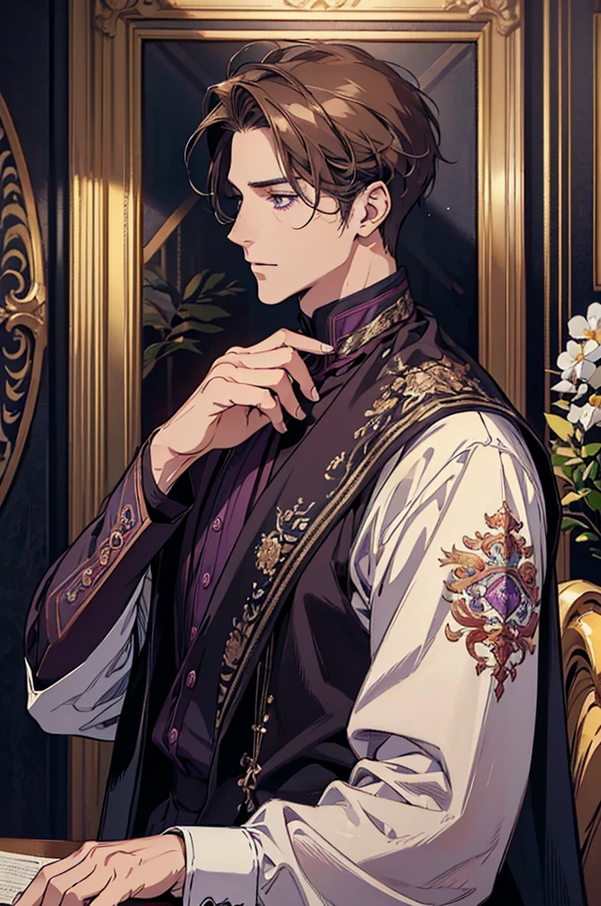 {(Best Quality, 8k, Masterpiece, HDR, soft lighting, Perfect picture, digital illustration, Manga art, Hyper detailed image, perfect lines, realist)} 1 very handsome 40 year old man, short dark blonde hair, violet eyes, luxurious clothing (imposing posture)