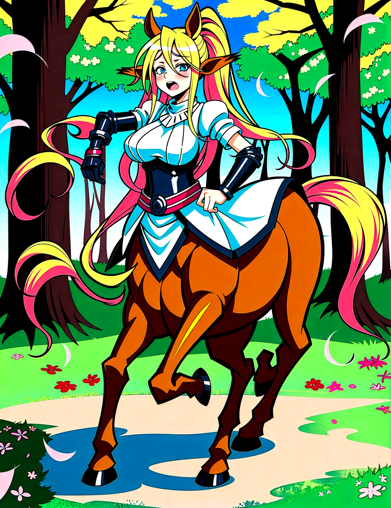 Anime centaur.1 girl. cutie. centaur girl, Half man. monster girl. centaur. Girl - horse. blonde. long hair. hair ornament. Her hair is pulled back into a high ponytail.. Blue eyes. Beautiful eyes. Perfect eyes. expressive eyes. perfect face. face, about to sneeze sneezing face. Beautiful nose. Snotty nose. Long snot hanging from the nose after sneezing. 16 years. big breasts. beautiful breasts. girl knight. centaur knight. She is ill. She got sick. She has allergies. She has a runny nose. nasal mucus. She has snot. She wants to sneeze. She needs to sneeze. She has a strong, desperate urge to sneeze. She sneezes. She sneezes. Splashes of snot fly to the sides. Snot flows from the nose. She has her period. Her crotch is bleeding. in the middle of a forest. Ideal anatomical body. Lower body of a horse.. Horse slender legs. hooves instead of feet. white linen blouse. Light plate armor - corset. skirt. no panties. standing. full height. beautiful character design. shiny skin. whole body. NFS. official art. чрезвычайно подробные обои CG Unity 8k. perfect lighting. 4K ultra-high resolution. Super detailed 8K resolution. A high resolution.