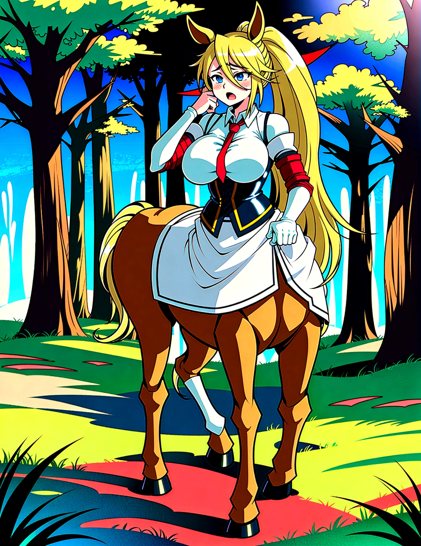 Anime centaur.1 girl. cutie. centaur girl, Half man. monster girl. centaur. Girl - horse. blonde. long hair. hair ornament. Her hair is pulled back into a high ponytail.. Blue eyes. Beautiful eyes. Perfect eyes. expressive eyes. perfect face. face, about to sneeze sneezing face. Beautiful nose. Snotty nose. Long snot hanging from the nose after sneezing. 16 years. big breasts. beautiful breasts. girl knight. centaur knight. She is ill. She got sick. She has allergies. She has a runny nose. nasal mucus. She has snot. She wants to sneeze. She needs to sneeze. She has a strong, desperate urge to sneeze. She sneezes. She sneezes. Splashes of snot fly to the sides. Snot flows from the nose. She has her period. Her crotch is bleeding. in the middle of a forest. Ideal anatomical body. Lower body of a horse.. Horse slender legs. hooves instead of feet. white linen blouse. Light plate armor - corset. skirt. no panties. standing. full height. beautiful character design. shiny skin. whole body. NFS. official art. чрезвычайно подробные обои CG Unity 8k. perfect lighting. 4K ultra-high resolution. Super detailed 8K resolution. A high resolution.