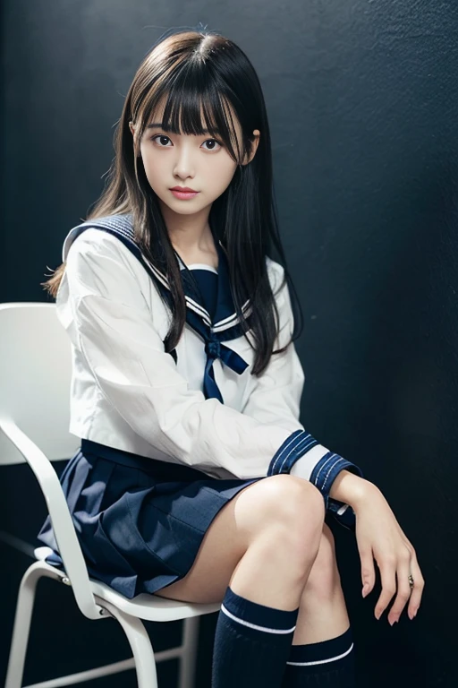 (Wear a sailor uniform 、Big Natural Color Lip,Close-up portrait of a pale-skinned girl, Long hair and blunt bangs:1.5)、(One girl sitting on a chair)、(Perfect Anatomy:1.3)、(Complete Hand:1.3)、(Full Finger:1.3)、Realistic、RAW Photos、Tabletop、Highest quality、High resolution、Delicate and beautiful、Perfect Face、Beautiful details、Fair skin、Real human skin、pores、((Thin legs))、(Black Hair)、Dark blue walls
