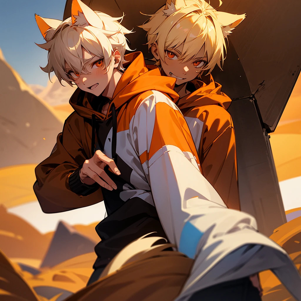 boy with flirtatious expression with orange eyes, Almost white blonde hair. middle adult teenager. BROWN SKIN. He is in a desert wearing a hoodie with cat ears, the sweatshirt is black. has a mischievous face. that only his face can be seen