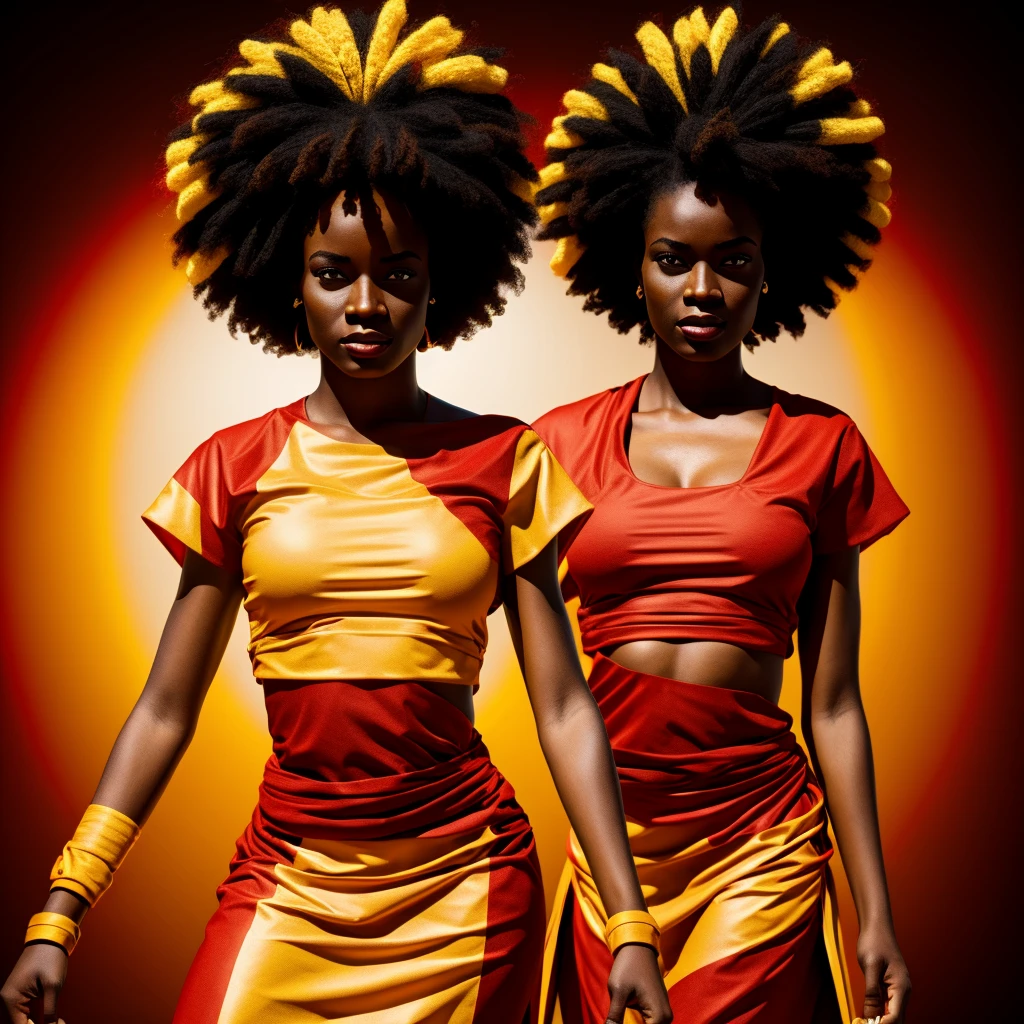 African goddess of war, red and yellow clothing, white background, rays, wind, light