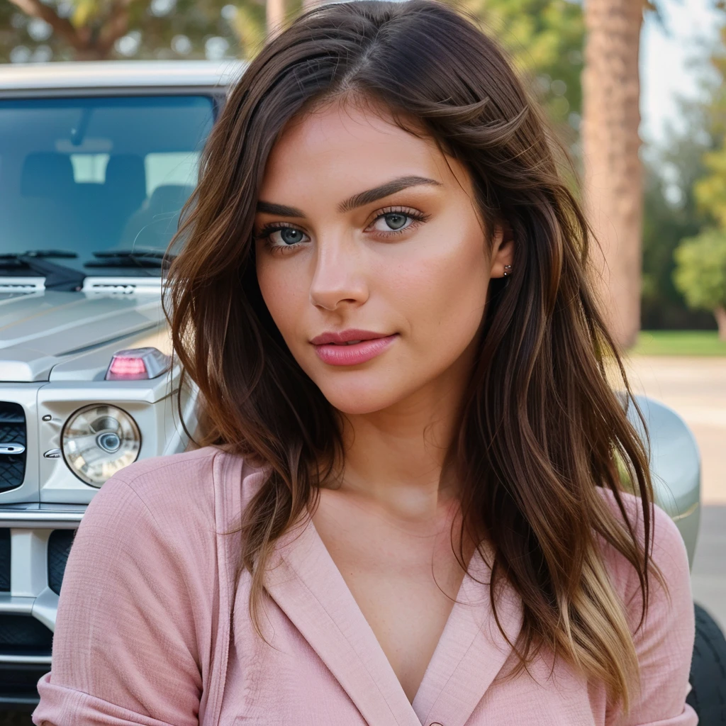 Beautiful brunette with blonde highlights wearing an elegant outfit (in front of a pink Mercedes G63 AMG), very detailed, 22 years old, innocent face, natural wavy hair, blue eyes, high resolution, masterpiece of art, best quality, intricate details, very detailed, sharpness, realistic skin texture, detailed eyes, professional, 4K, charming smile, 85mm, shallow depth of field, Kodak Vision colors, perfectly adjusted body, extremely detailed, ultra-realistic photography, photorealistic, post-processed, maximum details, roughness, real life, ultra-realistic, photorealism, photography, 8K, photo taken from a distance