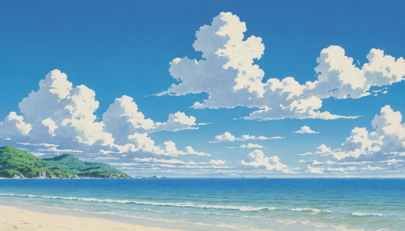 Calm sea, Studio Ghibli Art, Miyazaki, Blue sky and white clouds,White sand beach,unmanned,Sea of Japan,Shooting the sea from the front,No ship
