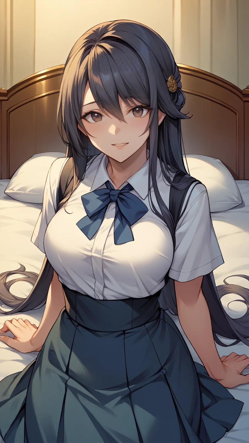 score_9, score_8_up, score_7_up, source_anime, game cg, harunakainiKC, long hair, skirt, hair ornament,White shirt dark Blue school skirt ,smile,parted lips, HOTEL ON the bed