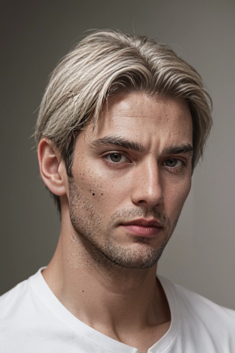 A mole under the eye, gray eyes, long, white without a beard, sharp jaw, Adam's apple, thick eyelashes, silky black hair.