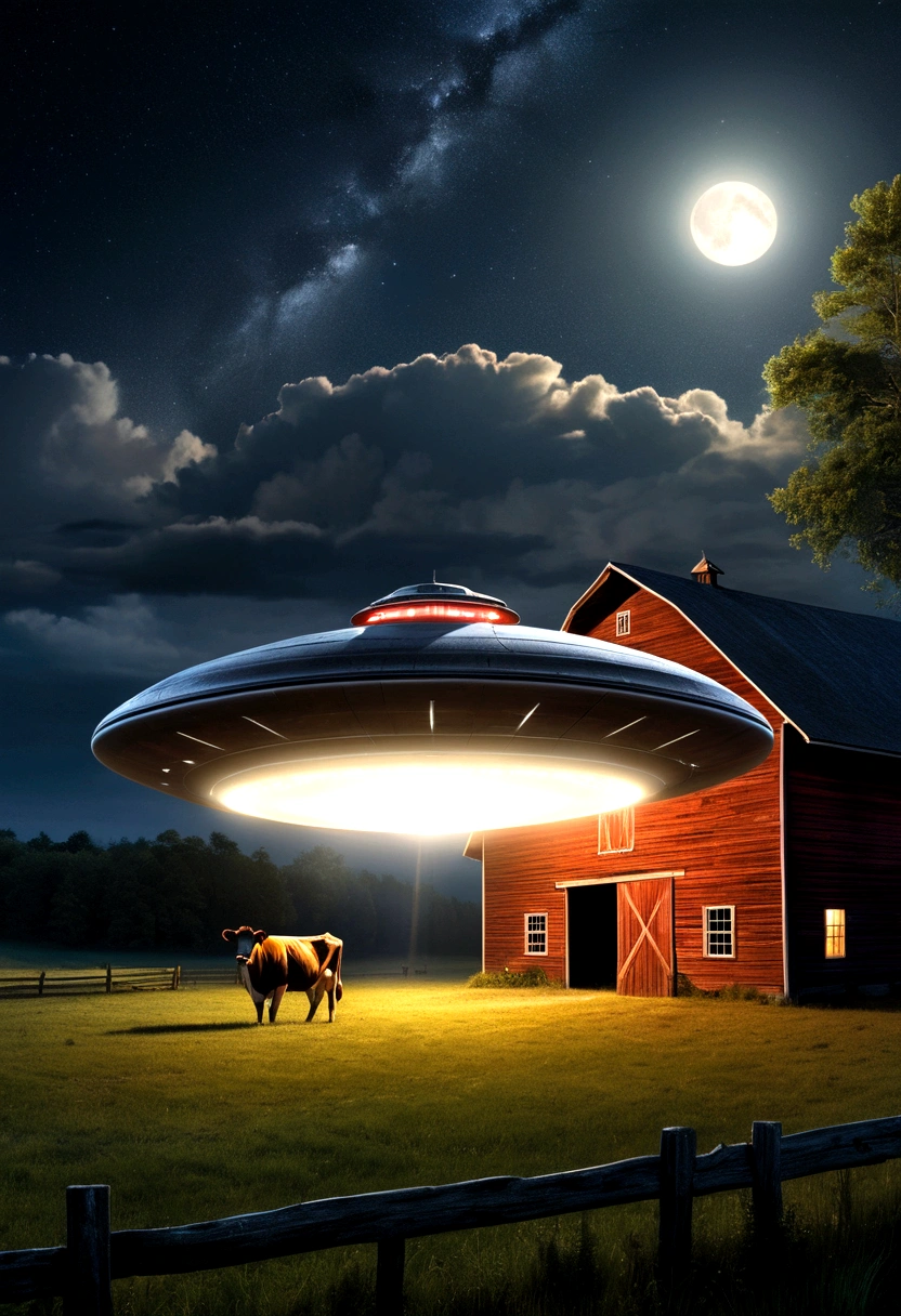 In the enigmatic night setting, a sleek, metallic UFO resembling a flying saucer hovers with an ominous presence above a lone cow standing in front of a rustic barn. A powerful spotlight cuts through the darkness, illuminating the cow in an intense beam. The scene is depicted in a hyper-realistic painting that captures every intricate detail: the cow's deep brown fur, the weathered wood of the barn, and the gleaming UFO against the night sky. In the upper part of the picture the sentence I want to believe in big red 3D-characters are seen. This stunning image exudes a sense of mystery and tension, drawing viewers in with its impeccable artistry and striking visual storytelling.

