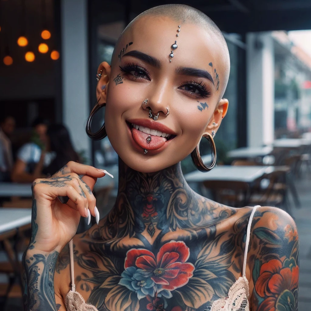 Generate an indonesian lady with large breast with full body tattoo, bald hair, wear dress, cafe, showing her tongue with piercing, smile, beautifull, nose piercing, lips piercing, tongue piercing, so many ears piercing, body modification, face tattoo, split tongue, cheek piercing,wearing so many earring, forehead tattoo, masterpiece, best quality:1.2),(8k,highres,RAW photo,realistic,photo-realistic:1.3),(detailed skin texture), masterpiece, best quality:1.2),,(8k,highres,RAW photo,realistic,photo-realistic:1.3),(detailed skin texture,detailed cloth texture,beautiful detailed face:1.25),professional lighting,photon mapping,beautiful soft light,radiosity,physically-based rendering,raytracing, model shoot style, model shoot style, (extremely detailed CG unity 8k wallpaper), full shot body photo of the most beautiful artwork in the world, ((nsfw))