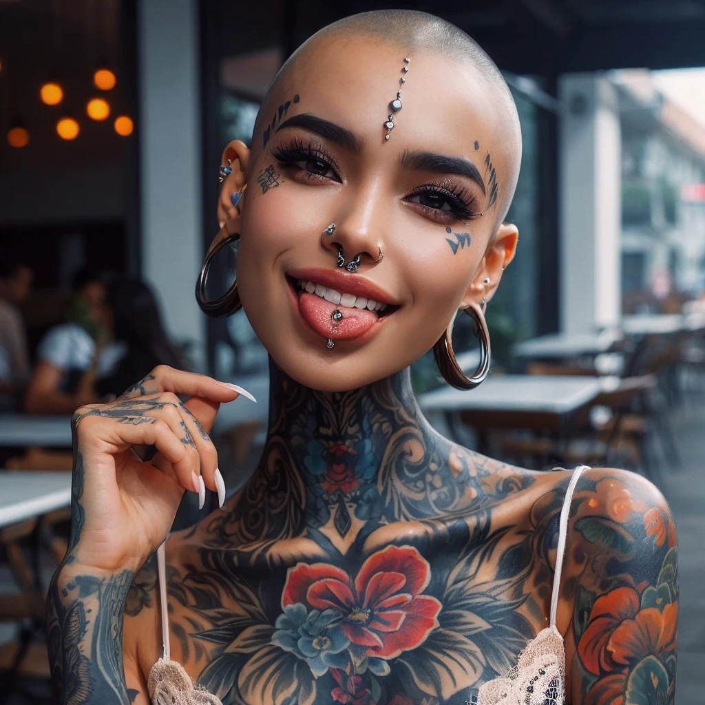 Generate an indonesian lady with large breast with full body tattoo, bald hair, wear dress, cafe, showing her tongue with piercing, smile, beautifull, nose piercing, lips piercing, tongue piercing, so many ears piercing, body modification, face tattoo, split tongue, cheek piercing,wearing so many earring, forehead tattoo, masterpiece, best quality:1.2),(8k,highres,RAW photo,realistic,photo-realistic:1.3),(detailed skin texture), masterpiece, best quality:1.2),,(8k,highres,RAW photo,realistic,photo-realistic:1.3),(detailed skin texture,detailed cloth texture,beautiful detailed face:1.25),professional lighting,photon mapping,beautiful soft light,radiosity,physically-based rendering,raytracing, model shoot style, model shoot style, (extremely detailed CG unity 8k wallpaper), full shot body photo of the most beautiful artwork in the world, ((nsfw))