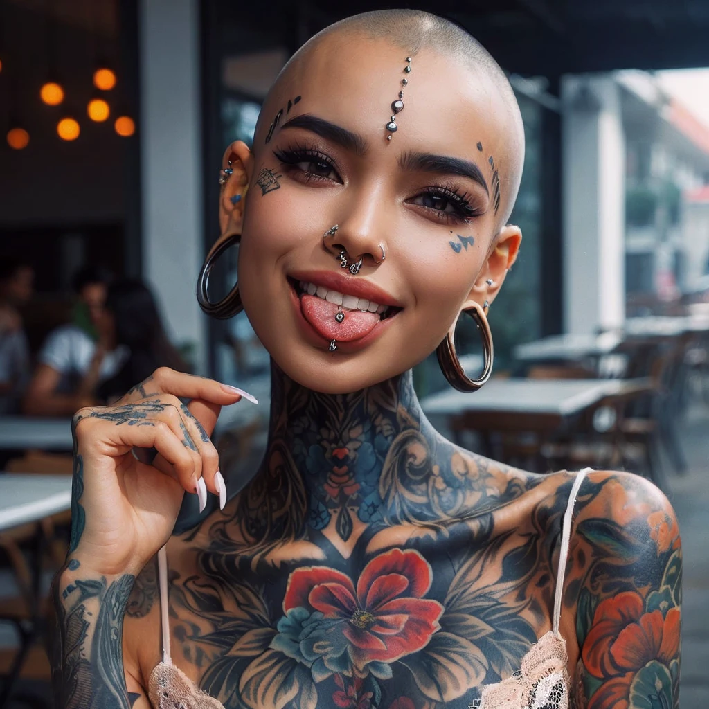 Generate an indonesian lady with large breast with full body tattoo, bald hair, wear dress, cafe, showing her tongue with piercing, smile, beautifull, nose piercing, lips piercing, tongue piercing, so many ears piercing, body modification, face tattoo, split tongue, cheek piercing,wearing so many earring, forehead tattoo, masterpiece, best quality:1.2),(8k,highres,RAW photo,realistic,photo-realistic:1.3),(detailed skin texture), masterpiece, best quality:1.2),,(8k,highres,RAW photo,realistic,photo-realistic:1.3),(detailed skin texture,detailed cloth texture,beautiful detailed face:1.25),professional lighting,photon mapping,beautiful soft light,radiosity,physically-based rendering,raytracing, model shoot style, model shoot style, (extremely detailed CG unity 8k wallpaper), full shot body photo of the most beautiful artwork in the world, ((nsfw))