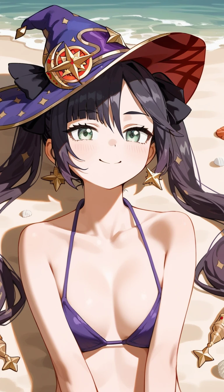 masterpiece,Ultra HD,score_4_上 BREAK source_anime,可愛いanimeイラスト, One girl, alone, Mona XL, Long black hair, Green Eyes, tsurime, Twin tails, Medium chest, View your viewers,smile,beach,Lying down,Purple Bikini,Open,nsfw,