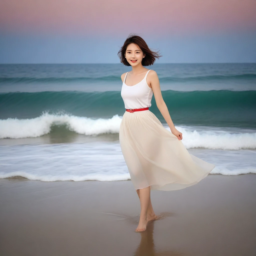 sunset red sun on the beach,A strong lingering scent is reflected in the sea., Beautiful 36-year-old short Korean woman, Chest size 34 inches, Wear sleeveless, light skirt. beautiful pretty woman look , wearing a light skirt , Go far into the sea water and dip your toes., Short medium hair blowing in the wind, 1 woman, beautiful eyes, a little smile, Full-body photo taken from afar with a wide-angle lens, The background is clean and perfect., the waves are coming