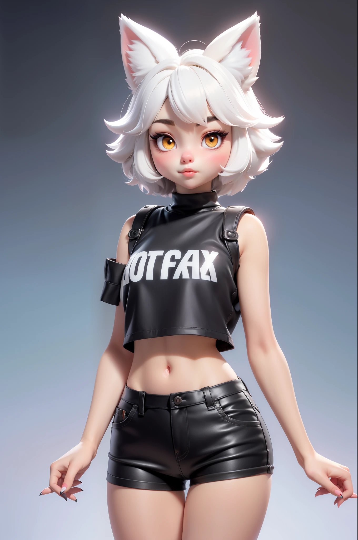 .Anthropomorphic arctic fox girl, fluffy fur, feminine body shapes, White short hair with black tips, black stripes on the cheeks, light summer clothes, short shorts, light T-shirt, yellow eyes, rounded ears, fox features, blush on cheeks, hips, black nose, cute, cute atmosphere. --niji