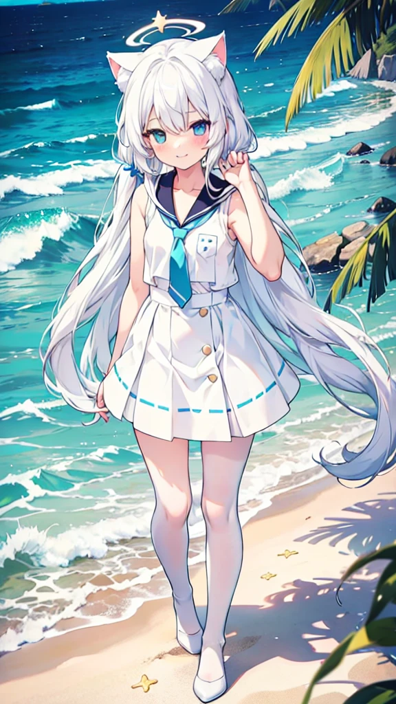 Sailor Suit，girl，White pantyhose，White hair，Long hair，Cat ear，Heterochromia blue-yellow，Smile，Female face，There are bright spots in the eyes，White little hands，Normal fingers，flat chest，On the beach，Blue Halo，White skirt，Blue tie